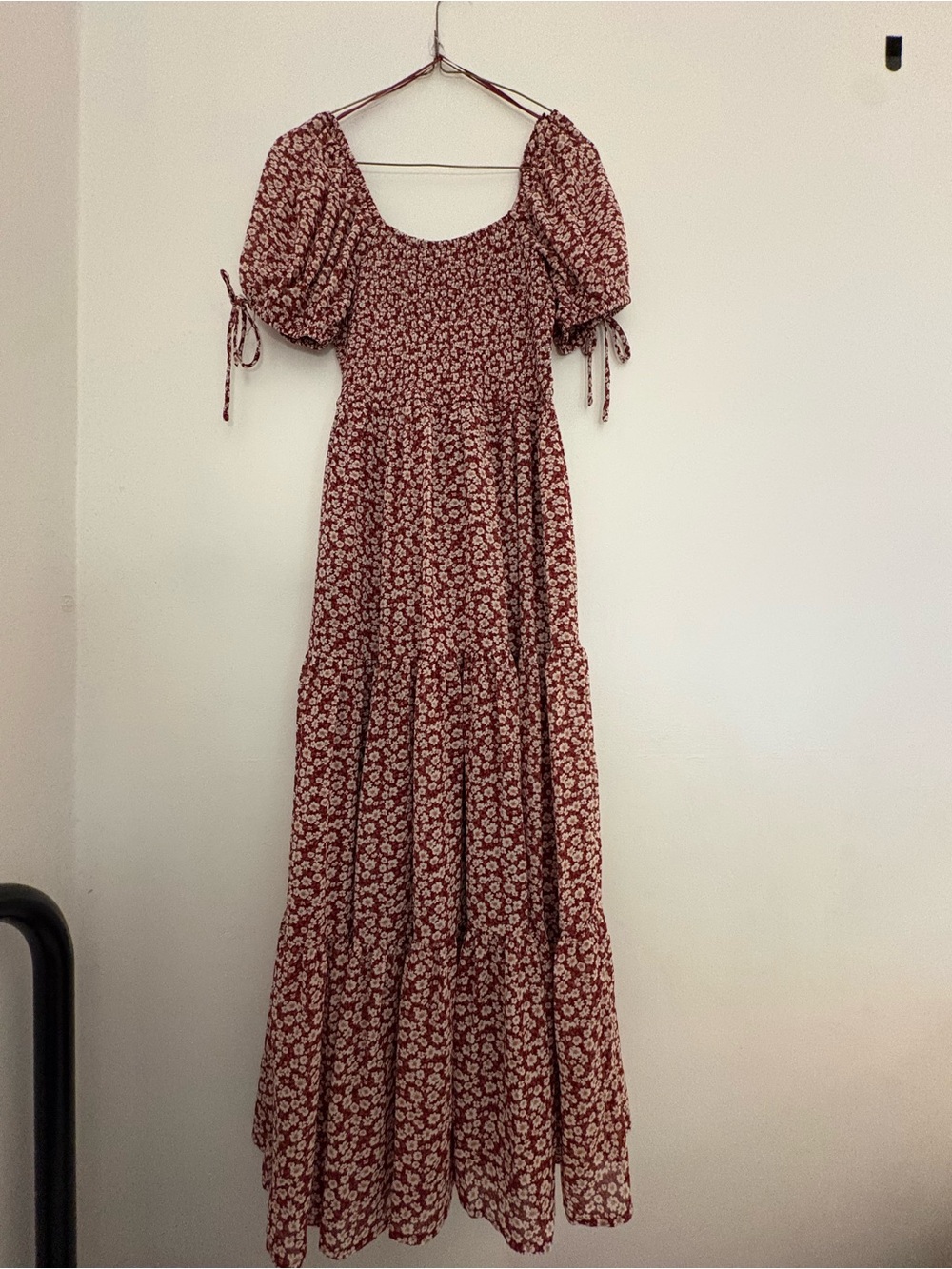 Blu Pepper Burgundy Floral Puff-Sleeve Maxi Dress
